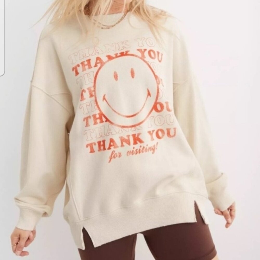 Aerie Women’s XS Oversized Graphic Crewneck Sweatshirt Cream “Thank you” Smiley
